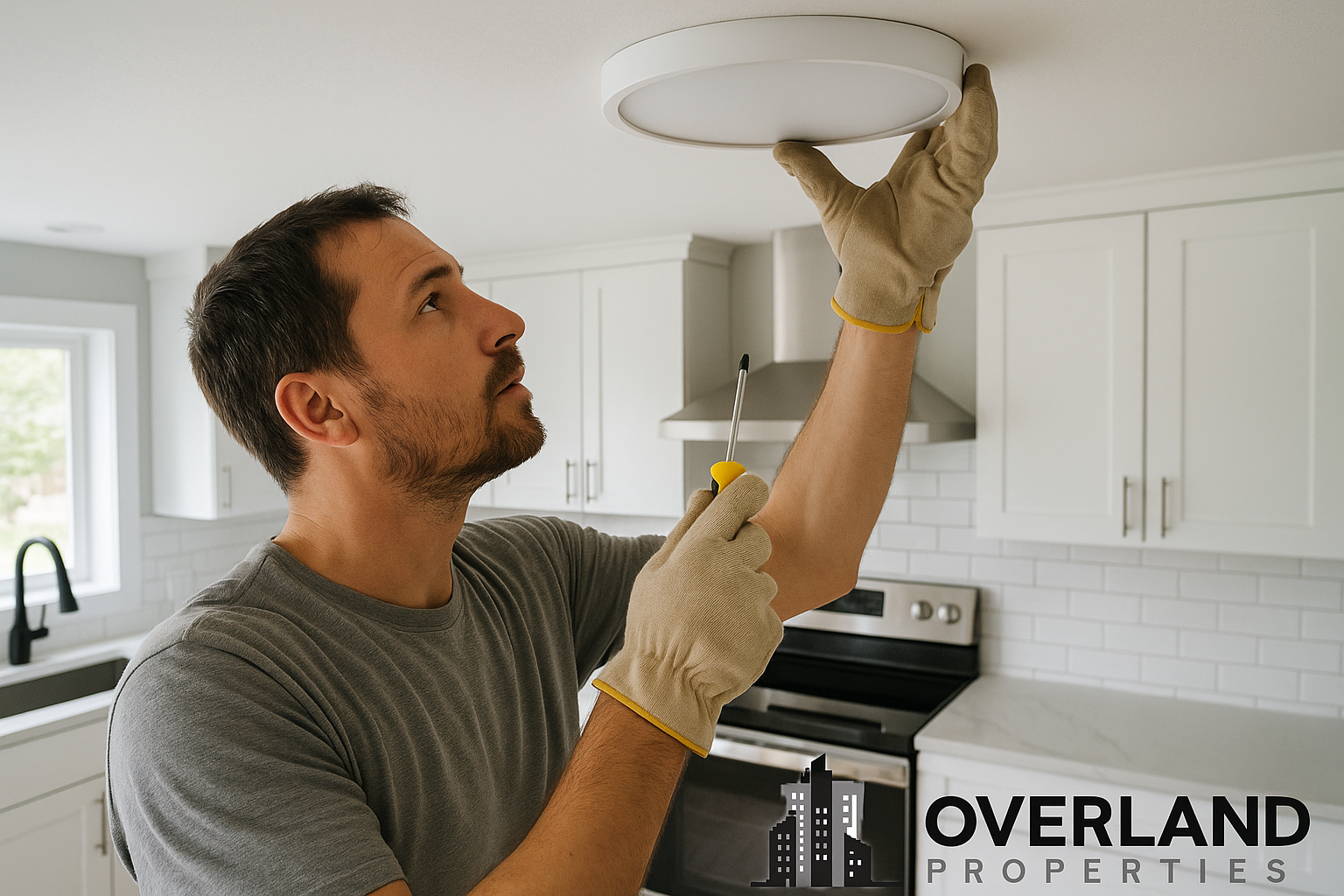 Handyman installing a modern ceiling light fixture in a newly renovated Cleveland kitchen, showcasing home improvement and renovation work for Overland Properties