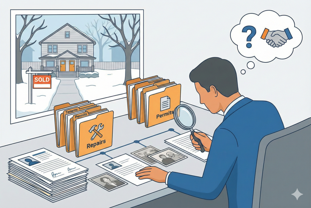Conceptual image showing the historical analysis of a property, with a person reviewing documents like repair receipts and financial ledgers, set against a Cleveland real estate background.