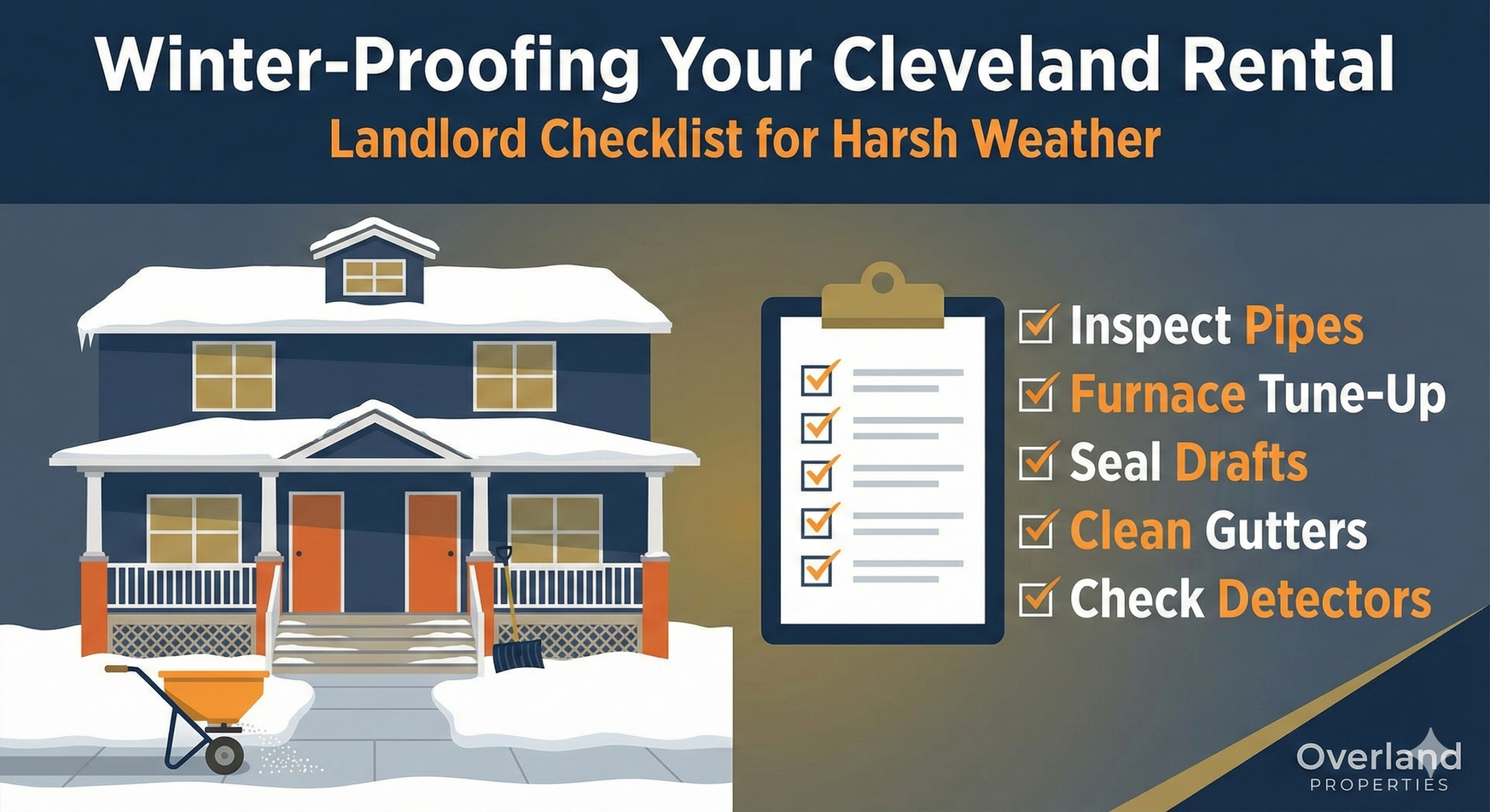 llustration showing interior winter maintenance tasks for rental property, including pipe insulation, furnace check, chimney cleaning, and sealing drafts around windows.