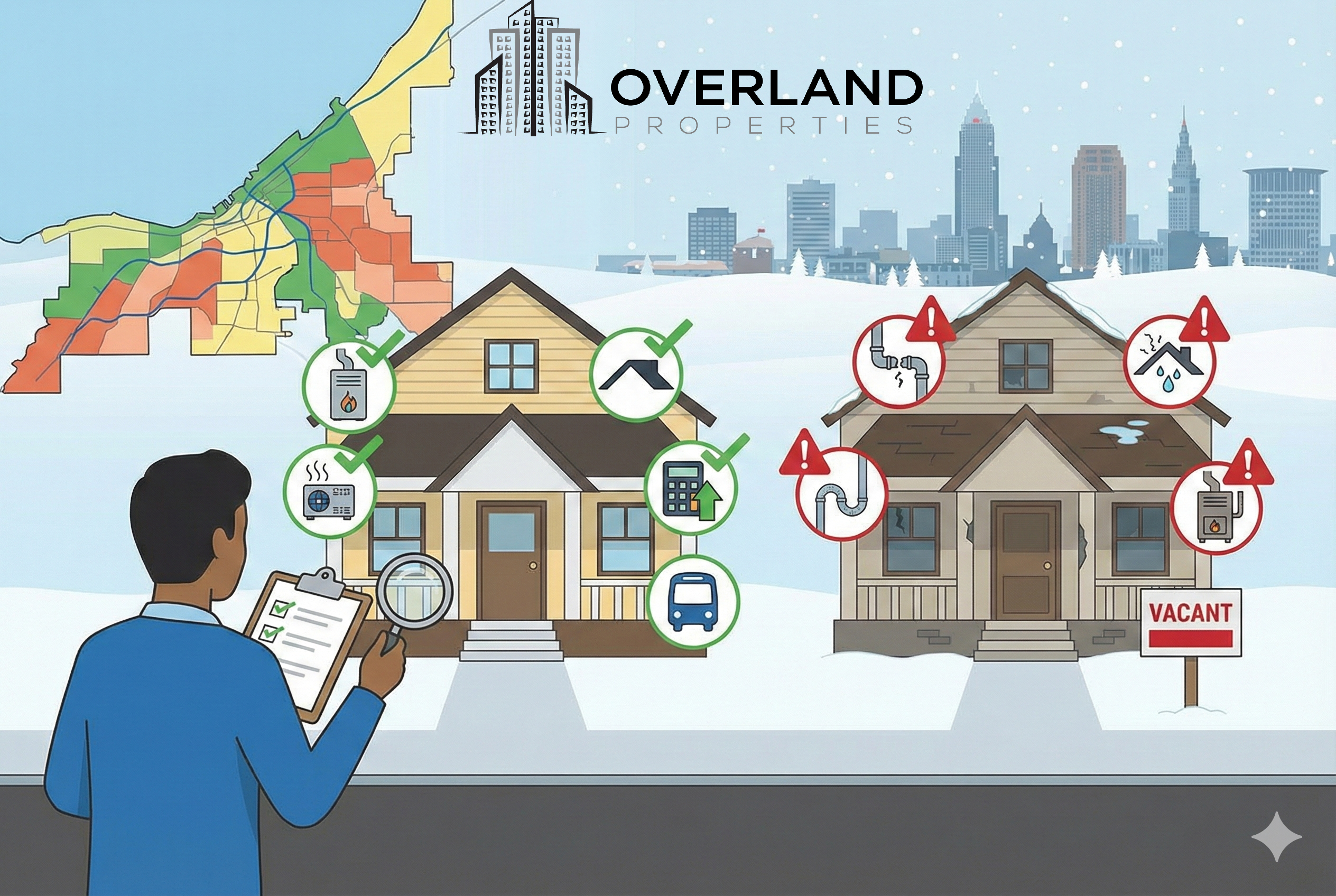 Horizontal illustration depicting Cleveland rental property investment analysis, showing a magnifying glass over a property and icons representing cash flow, maintenance history, and neighborhood features.